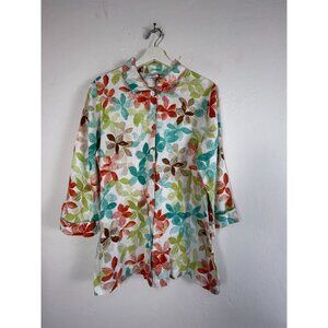 Hot Cotton Womens Floral 3/4 Sleeve Button-Up Linen Shirt Top Medium Multicolor